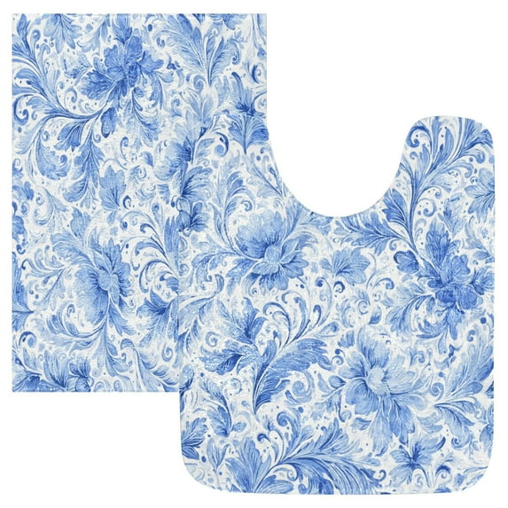 2 Piece Bath Mat Set with U-Shaped Toilet Mat and Rectangle Bath Rugs Non Slip Machine Washable Bathroom Mats Blue Watercolor Floral Pattern