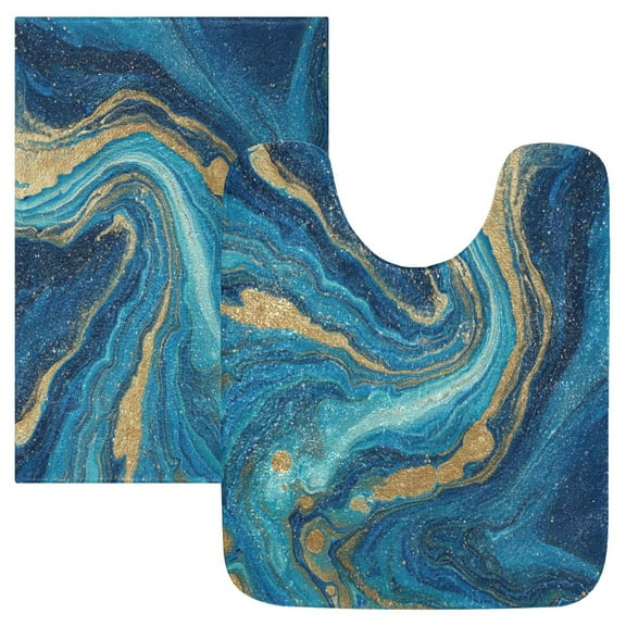 2 Piece Bath Mat Set with U-Shaped Toilet Mat and Rectangle Bath Rugs Non Slip Machine Washable Bathroom Mats Blue and Gold Ocean