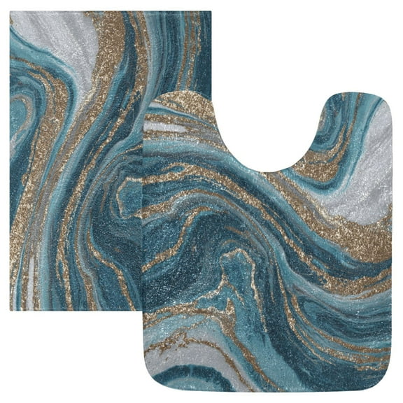 2 Piece Bath Mat Set with U-Shaped Toilet Mat and Rectangle Bath Rugs Non Slip Machine Washable Bathroom Mats Blue and Gold Swirling
