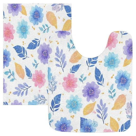 2 Piece Bath Mat Set with U-Shaped Toilet Mat and Rectangle Bath Rugs Non Slip Machine Washable Bathroom Mats Blue and Purple Flowers