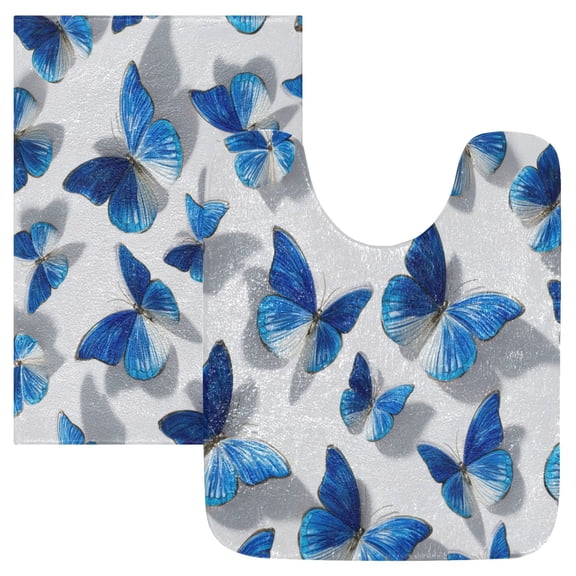 2 Piece Bath Mat Set with U-Shaped Toilet Mat and Rectangle Bath Rugs Non Slip Machine Washable Bathroom Mats Blue and White Butterfly