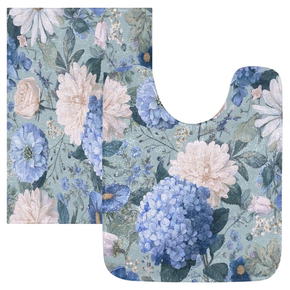 2 Piece Bath Mat Set with U-Shaped Toilet Mat and Rectangle Bath Rugs Non Slip Machine Washable Bathroom Mats Blue and White Flower Pattern