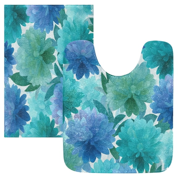 2 Piece Bath Mat Set with U-Shaped Toilet Mat and Rectangle Bath Rugs Non Slip Machine Washable Bathroom Mats Blue-green Flowers
