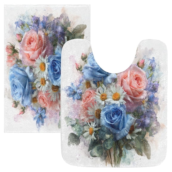 2 Piece Bath Mat Set with U-Shaped Toilet Mat and Rectangle Bath Rugs Non Slip Machine Washable Bathroom Mats Blue-pink Roses and Daisies