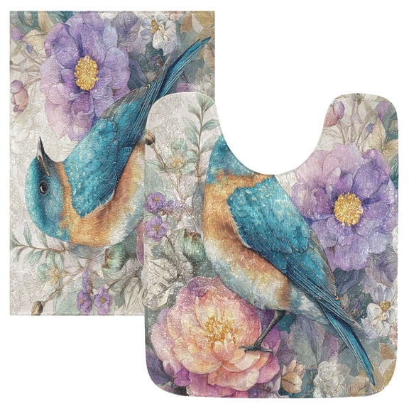 2 Piece Bath Mat Set with U-Shaped Toilet Mat and Rectangle Bath Rugs Non Slip Machine Washable Bathroom Mats Bluebird and Flower