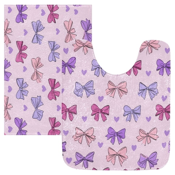 2 Piece Bath Mat Set with U-Shaped Toilet Mat and Rectangle Bath Rugs Non Slip Machine Washable Bathroom Mats Bows and Heart Pattern