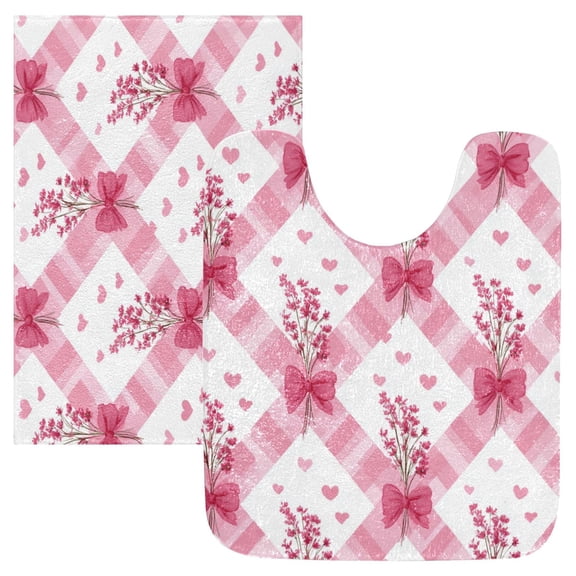 2 Piece Bath Mat Set with U-Shaped Toilet Mat and Rectangle Bath Rugs Non Slip Machine Washable Bathroom Mats Bows and Wildflowers Pattern