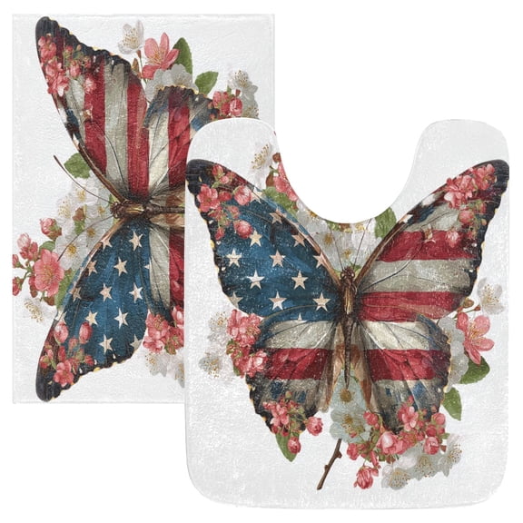 2 Piece Bath Mat Set with U-Shaped Toilet Mat and Rectangle Bath Rugs Non Slip Machine Washable Bathroom Mats Butterfly with Flag Pattern