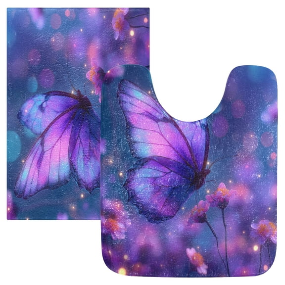 2 Piece Bath Mat Set with U-Shaped Toilet Mat and Rectangle Bath Rugs Non Slip Machine Washable Bathroom Mats Butterfly with Glowing Wings