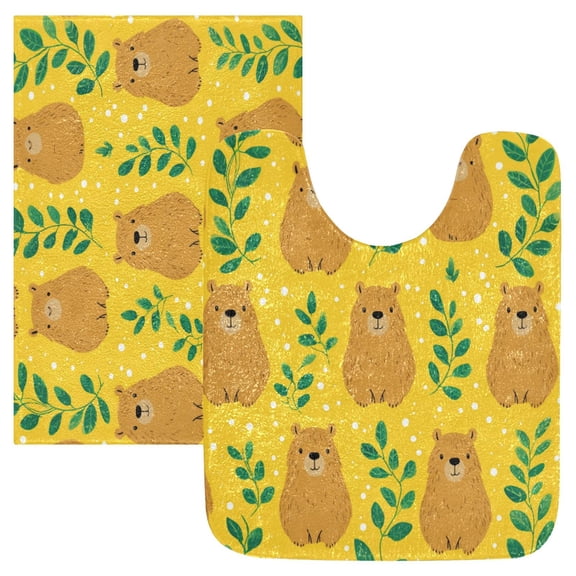 2 Piece Bath Mat Set with U-Shaped Toilet Mat and Rectangle Bath Rugs Non Slip Machine Washable Bathroom Mats Capybara and Green Leaves