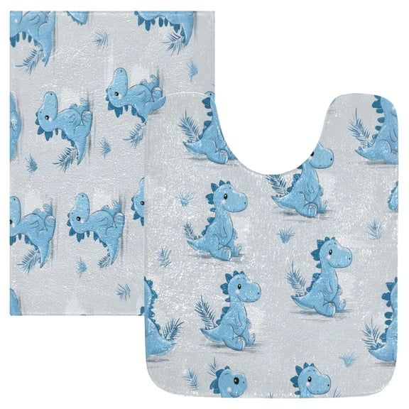 2 Piece Bath Mat Set with U-Shaped Toilet Mat and Rectangle Bath Rugs Non Slip Machine Washable Bathroom Mats Cartoon Blue Dinosaurs