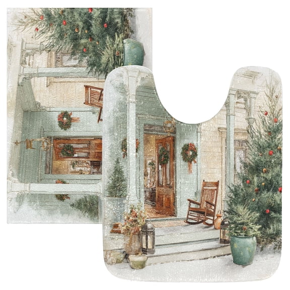 2 Piece Bath Mat Set with U-Shaped Toilet Mat and Rectangle Bath Rugs Non Slip Machine Washable Bathroom Mats Charming Christmas Doorway