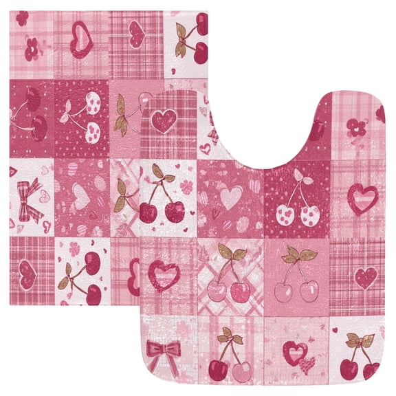 2 Piece Bath Mat Set with U-Shaped Toilet Mat and Rectangle Bath Rugs Non Slip Machine Washable Bathroom Mats Cherry Pattern with Bows