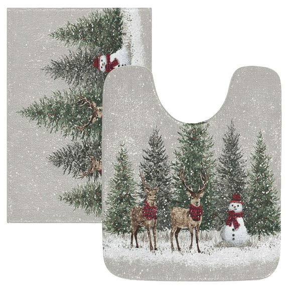 2 Piece Bath Mat Set with U-Shaped Toilet Mat and Rectangle Bath Rugs Non Slip Machine Washable Bathroom Mats Christmas Deer and Snowmen