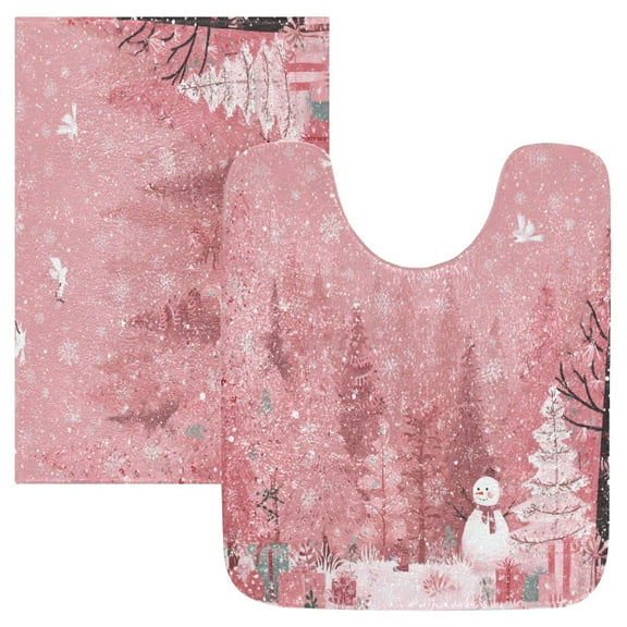 2 Piece Bath Mat Set with U-Shaped Toilet Mat and Rectangle Bath Rugs Non Slip Machine Washable Bathroom Mats Christmas Forest with Snowmen