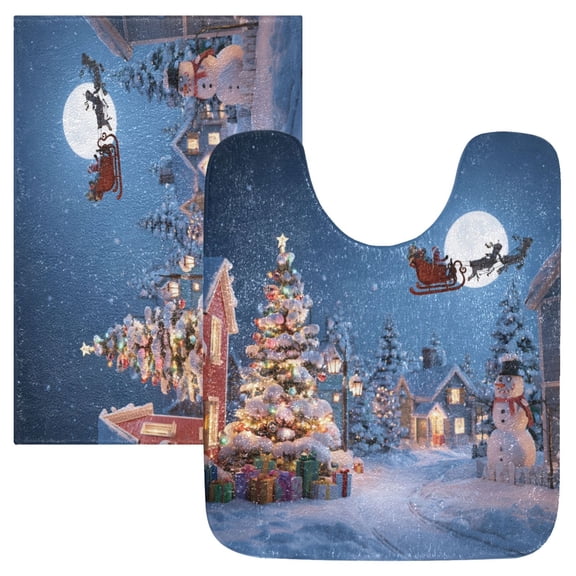 2 Piece Bath Mat Set with U-Shaped Toilet Mat and Rectangle Bath Rugs Non Slip Machine Washable Bathroom Mats Christmas Night Scene