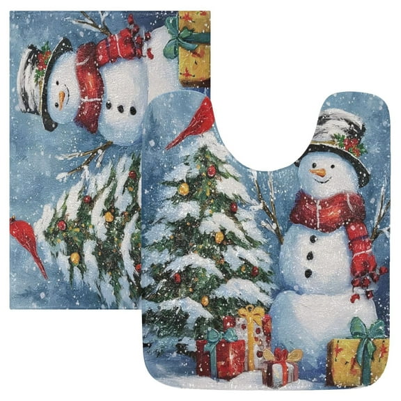 2 Piece Bath Mat Set with U-Shaped Toilet Mat and Rectangle Bath Rugs Non Slip Machine Washable Bathroom Mats Christmas Scene with Snowman