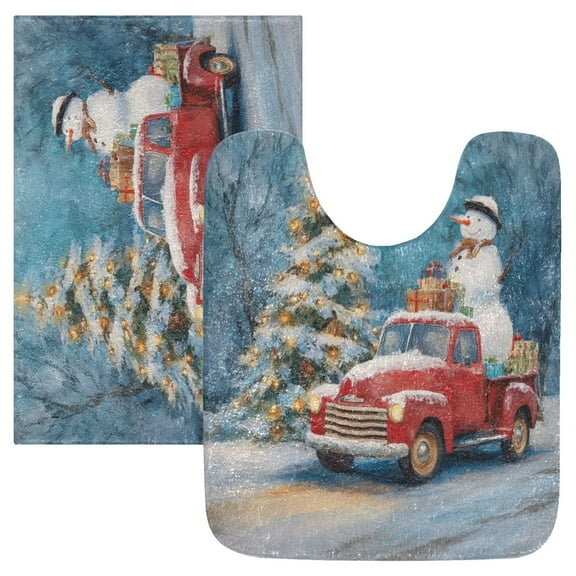 2 Piece Bath Mat Set with U-Shaped Toilet Mat and Rectangle Bath Rugs Non Slip Machine Washable Bathroom Mats Christmas Snowman in A Red Truck