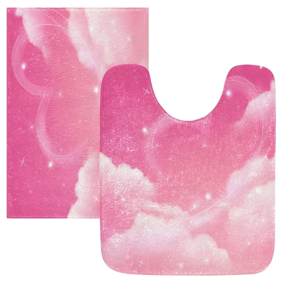 2 Piece Bath Mat Set with U-Shaped Toilet Mat and Rectangle Bath Rugs Non Slip Machine Washable Bathroom Mats Clouds and Pink Heart Shape