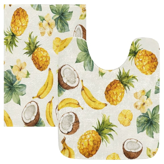 2 Piece Bath Mat Set with U-Shaped Toilet Mat and Rectangle Bath Rugs Non Slip Machine Washable Bathroom Mats Coconuts and Pineapples Pattern
