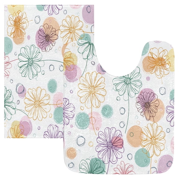 2 Piece Bath Mat Set with U-Shaped Toilet Mat and Rectangle Bath Rugs Non Slip Machine Washable Bathroom Mats Colored Outline Flower