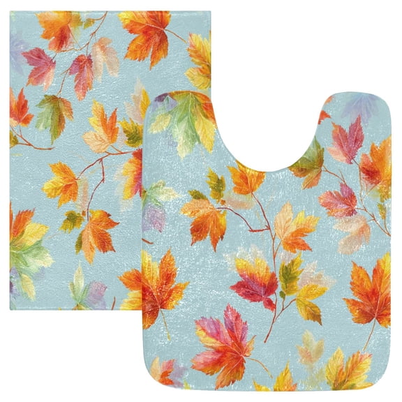 2 Piece Bath Mat Set with U-Shaped Toilet Mat and Rectangle Bath Rugs Non Slip Machine Washable Bathroom Mats Colorful Autumn Maple Leaves