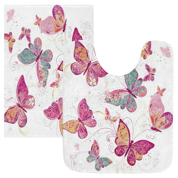 2 Piece Bath Mat Set with U-Shaped Toilet Mat and Rectangle Bath Rugs Non Slip Machine Washable Bathroom Mats Colorful Butterflies