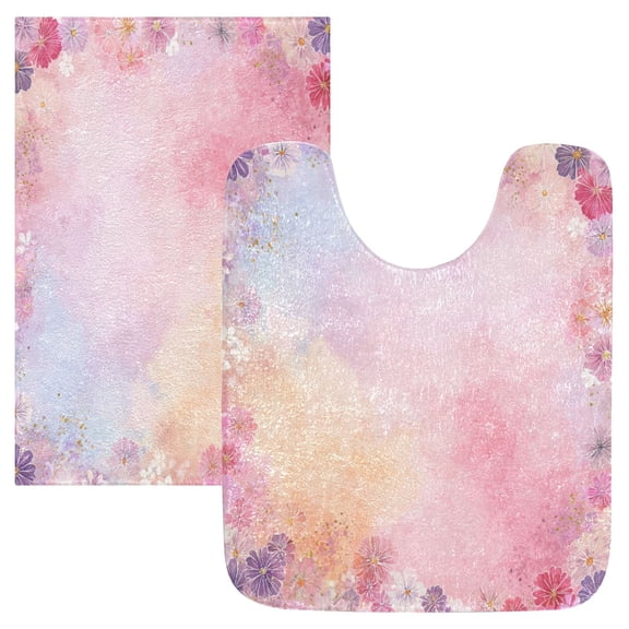 2 Piece Bath Mat Set with U-Shaped Toilet Mat and Rectangle Bath Rugs Non Slip Machine Washable Bathroom Mats Colorful Pastel Floral Pattern