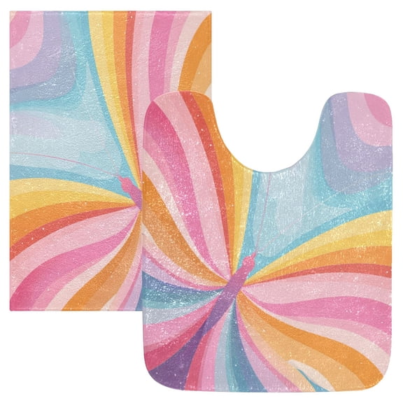 2 Piece Bath Mat Set with U-Shaped Toilet Mat and Rectangle Bath Rugs Non Slip Machine Washable Bathroom Mats Colorful Rainbow Butterfly