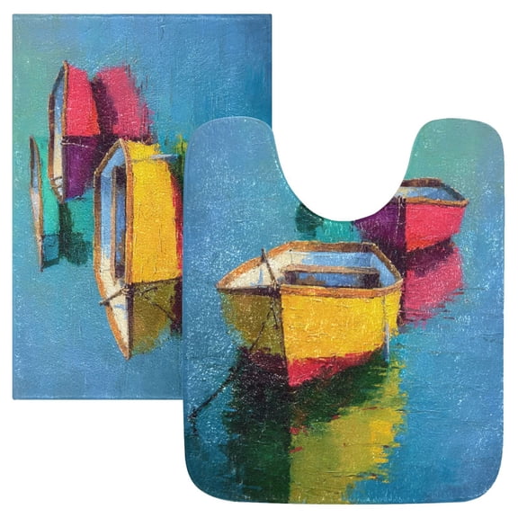 2 Piece Bath Mat Set with U-Shaped Toilet Mat and Rectangle Bath Rugs Non Slip Machine Washable Bathroom Mats Colorful Row Boats
