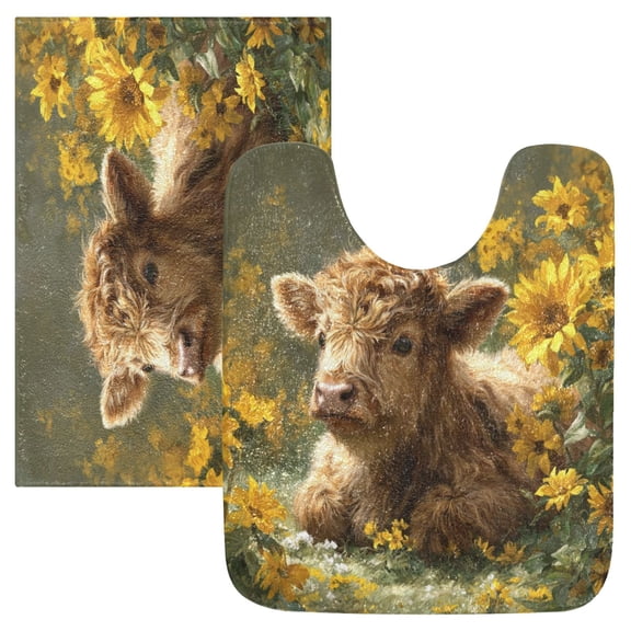2 Piece Bath Mat Set with U-Shaped Toilet Mat and Rectangle Bath Rugs Non Slip Machine Washable Bathroom Mats Cow Lying in Sunflowers