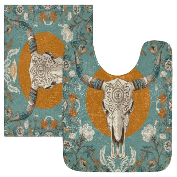 2 Piece Bath Mat Set with U-Shaped Toilet Mat and Rectangle Bath Rugs Non Slip Machine Washable Bathroom Mats Cow Sakull and Moon Pattern