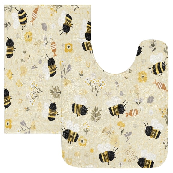 2 Piece Bath Mat Set with U-Shaped Toilet Mat and Rectangle Bath Rugs Non Slip Machine Washable Bathroom Mats Cute Bees and Honeycomb Pattern