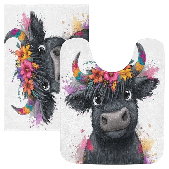2 Piece Bath Mat Set with U-Shaped Toilet Mat and Rectangle Bath Rugs Non Slip Machine Washable Bathroom Mats Cute Black Cow