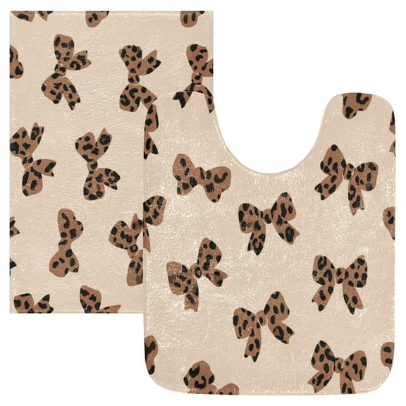 2 Piece Bath Mat Set with U-Shaped Toilet Mat and Rectangle Bath Rugs Non Slip Machine Washable Bathroom Mats Cute Brown Bow
