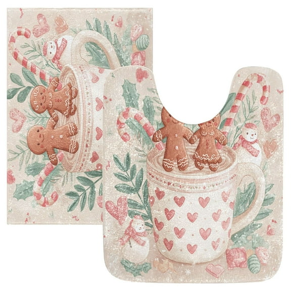 2 Piece Bath Mat Set with U-Shaped Toilet Mat and Rectangle Bath Rugs Non Slip Machine Washable Bathroom Mats Cute Christmas Design