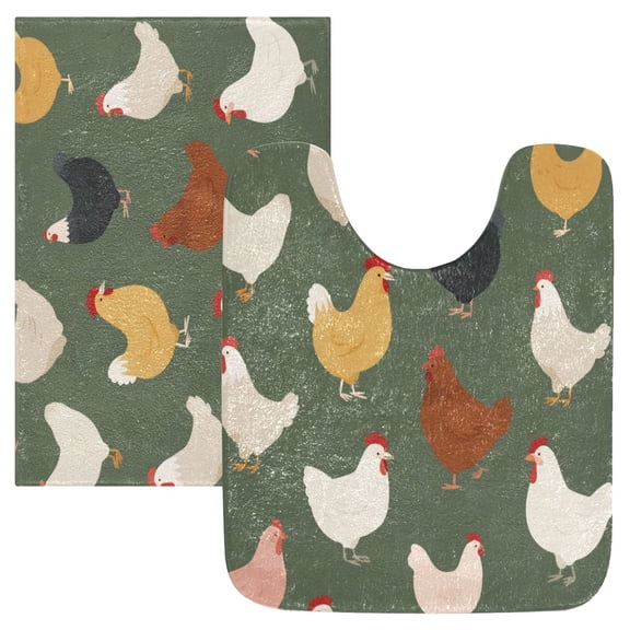 2 Piece Bath Mat Set with U-Shaped Toilet Mat and Rectangle Bath Rugs Non Slip Machine Washable Bathroom Mats Cute Colorful Chickens Pattern