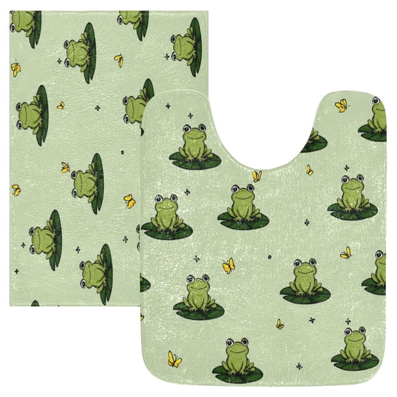 2 Piece Bath Mat Set with U-Shaped Toilet Mat and Rectangle Bath Rugs Non Slip Machine Washable Bathroom Mats Cute Frogs on Lily Pads