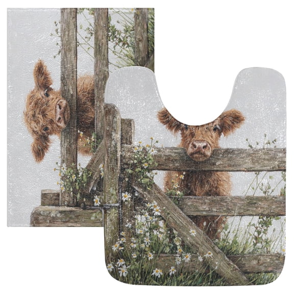 2 Piece Bath Mat Set with U-Shaped Toilet Mat and Rectangle Bath Rugs Non Slip Machine Washable Bathroom Mats Cute Highland Cow Peeking