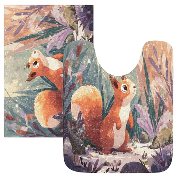 2 Piece Bath Mat Set with U-Shaped Toilet Mat and Rectangle Bath Rugs Non Slip Machine Washable Bathroom Mats Cute Little Squirrel