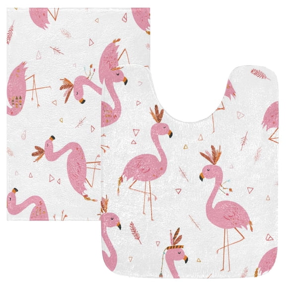 2 Piece Bath Mat Set with U-Shaped Toilet Mat and Rectangle Bath Rugs Non Slip Machine Washable Bathroom Mats Cute Pink Flamingo Pattern