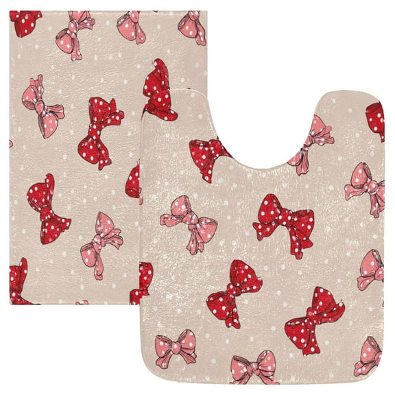 2 Piece Bath Mat Set with U-Shaped Toilet Mat and Rectangle Bath Rugs Non Slip Machine Washable Bathroom Mats Cute Red Bows Pattern