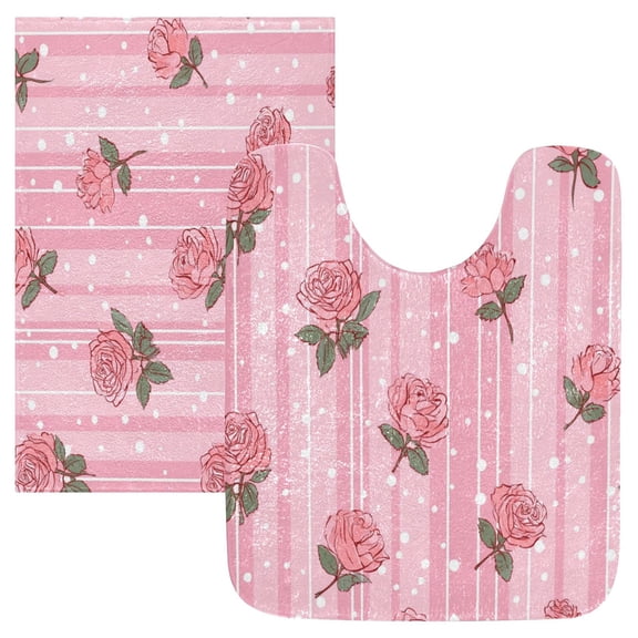 2 Piece Bath Mat Set with U-Shaped Toilet Mat and Rectangle Bath Rugs Non Slip Machine Washable Bathroom Mats Cute Rose Pattern