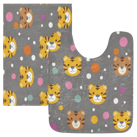 2 Piece Bath Mat Set with U-Shaped Toilet Mat and Rectangle Bath Rugs Non Slip Machine Washable Bathroom Mats Cute Tiger Face Pattern
