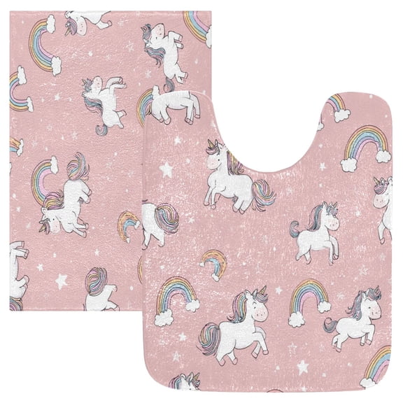 2 Piece Bath Mat Set with U-Shaped Toilet Mat and Rectangle Bath Rugs Non Slip Machine Washable Bathroom Mats Cute Unicorn Pattern