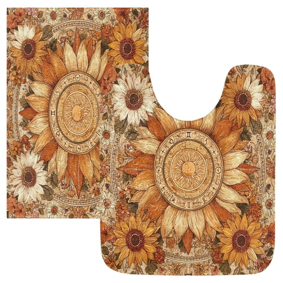 2 Piece Bath Mat Set with U-Shaped Toilet Mat and Rectangle Bath Rugs Non Slip Machine Washable Bathroom Mats Decorative Sun Design