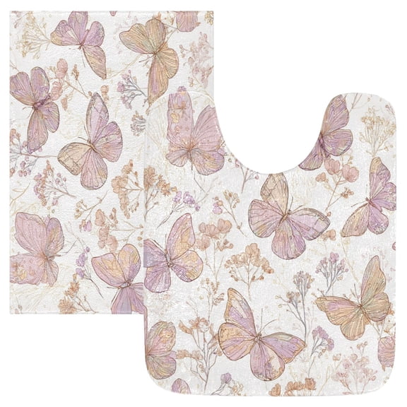 2 Piece Bath Mat Set with U-Shaped Toilet Mat and Rectangle Bath Rugs Non Slip Machine Washable Bathroom Mats Delicate Butterflies and Flowers