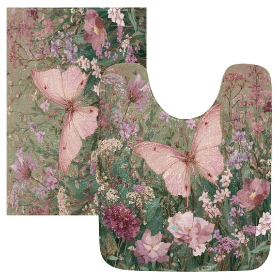 2 Piece Bath Mat Set with U-Shaped Toilet Mat and Rectangle Bath Rugs Non Slip Machine Washable Bathroom Mats Delicate Butterfly