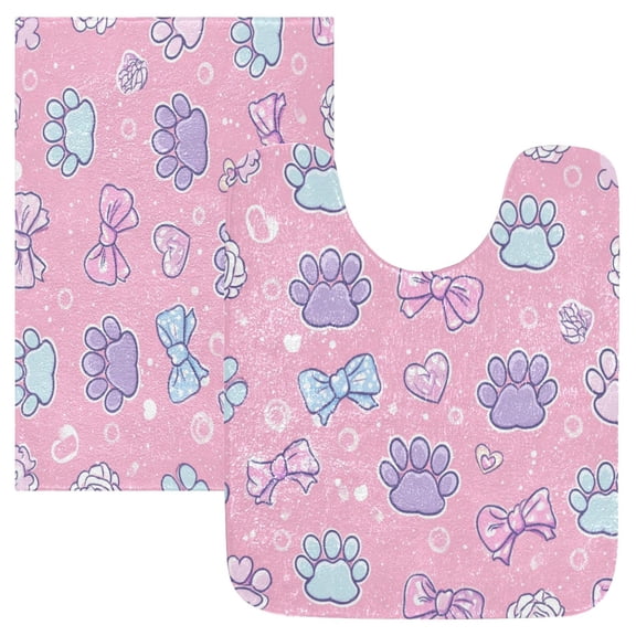 2 Piece Bath Mat Set with U-Shaped Toilet Mat and Rectangle Bath Rugs Non Slip Machine Washable Bathroom Mats Dog Paw Prints and Bows