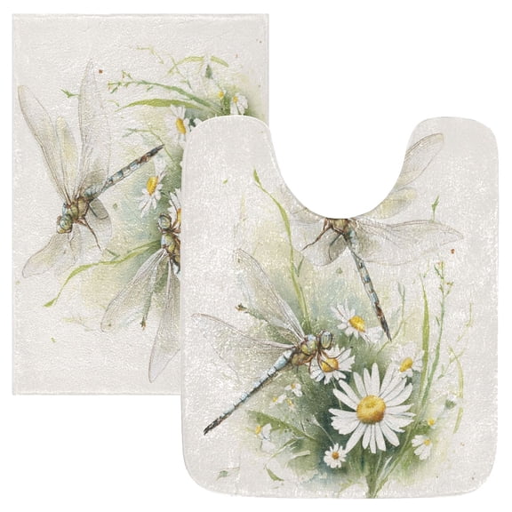 2 Piece Bath Mat Set with U-Shaped Toilet Mat and Rectangle Bath Rugs Non Slip Machine Washable Bathroom Mats Dragonflies with White Daisies